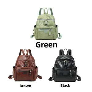 Three vintage leather backpacks for women shown in green, brown and black colors
