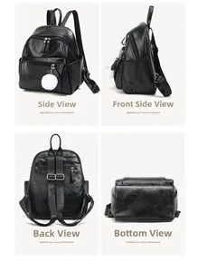 Four-angle view of black PU backpack with golden hardware and white pompom charm