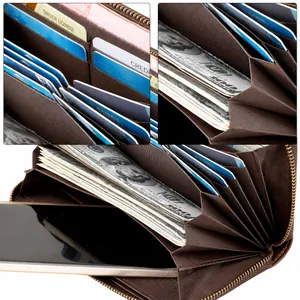 Détails de l'intérieur du grand portefeuille marron avec 12 fentes et poche smartphone