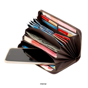 Vue intérieure du portefeuille accordéon marron avec fentes pour cartes et poche téléphone