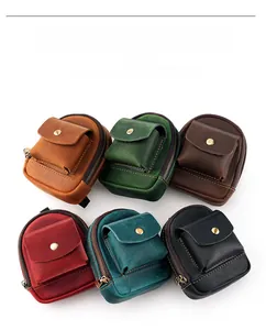 Genuine leather waist pouch available in six vintage colors with a zipper and flap pocket