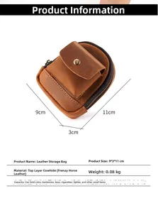 Detailed view of brown genuine leather belt pouch showing dimensions 9x3x11cm and texture