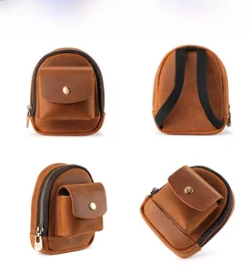 Macro views of retro leather mini waist bag showing front pocket and stitching details