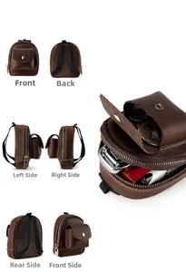 Detailed views of vintage brown leather mini waist bag for keys and coin storage