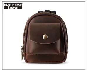 Detail of crazy horse leather mini waist bag with snap pocket and vintage stitching