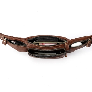 Brown leather waist bag with multiple zipper compartments and large capacity for storage