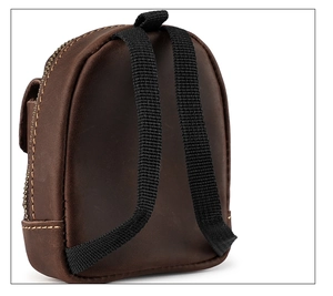 Macro view of leather mini pouch back showing texture and adjustable fabric straps