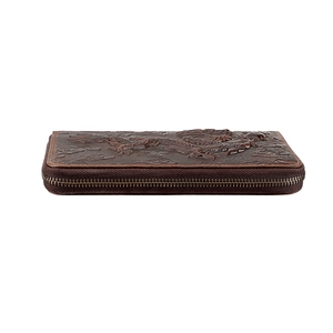 Portefeuille long marron pour homme avec dragon en relief 3D et fermeture éclair