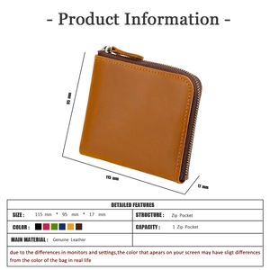 Detailed dimensions of the brown genuine leather zip wallet, 115mm by 95mm by 17mm size