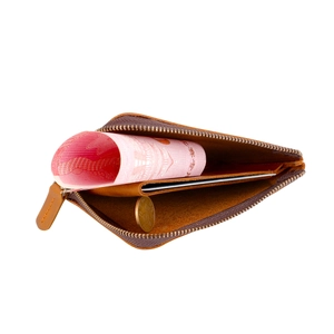 Internal view of a brown crazy horse leather wallet with multiple card slots and zipper