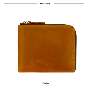 Front view of vintage tan leather L-shaped zip wallet with detailed yellow stitching