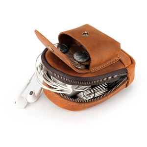 Brown vintage leather waist pouch with snap pocket and zipper for keys and coins