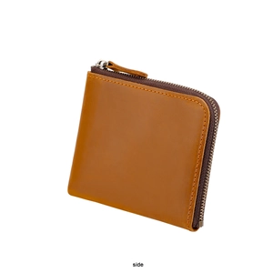 Side view of small brown genuine leather wallet with zipper closure and contrast stitching