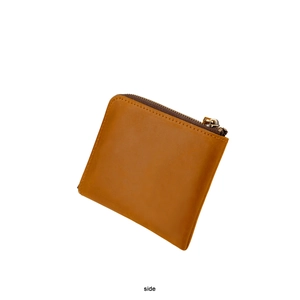 Side view detail of a vintage brown leather short wallet with bronze zipper and stitching