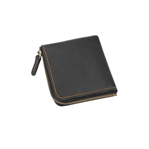 Detail of crazy horse leather wallet with orange contrast stitching and metal zipper