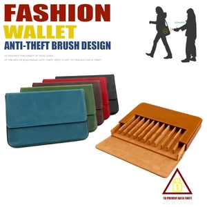 Detail of RFID blocking leather wallet showing accordion card slots and color options