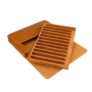 Detail view of drawer-style 10-slot brown crazy horse leather fountain pen storage case