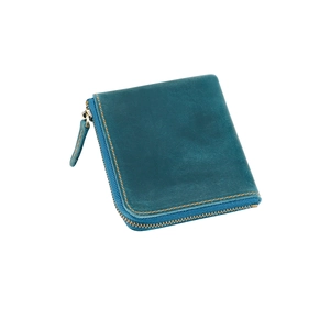 Detail of teal crazy horse leather wallet with L-shaped zipper and orange stitching