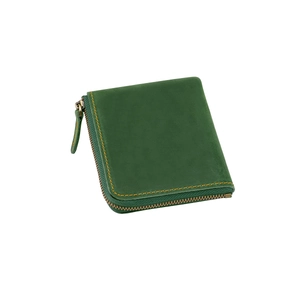 Close-up of green crazy horse leather wallet featuring L-zip and orange contrast stitching