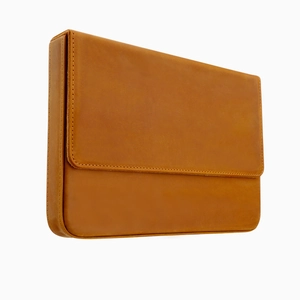 Detail of crazy horse leather pen case showing premium stitching and textured brown finish