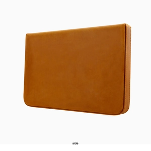 Side view of caramel crazy horse leather pen case showing fine stitching and slim profile