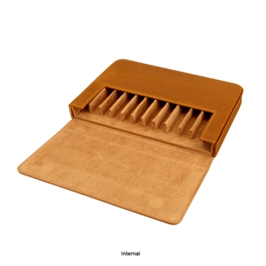 Internal view of brown leather pen case showing ten slots and soft velvet lining