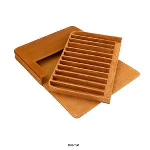 Detail view of the 10-slot crazy horse leather pen case with soft suede interior drawer