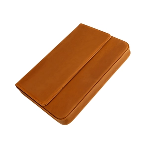 Detail showing hand-stitched edges and matte crazy horse leather texture of pen box