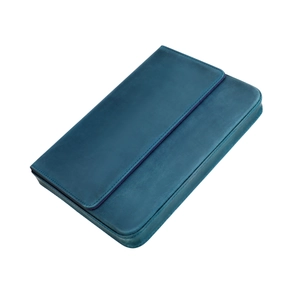 Detailed close-up of dark teal crazy horse leather pencil case with purple stitching