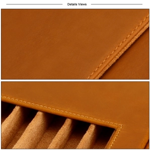 Macro view of brown crazy horse leather pen case with stitching and soft lining details