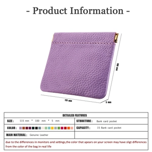 Dimensioni dettagliate del portamonete in pelle viola con misura di 115x100x5mm