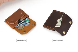 Detailed view of handmade crazy horse leather card holder showing slots and stitching
