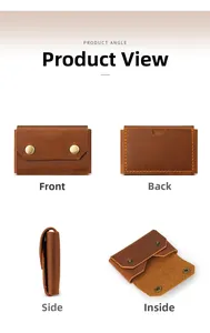 Multiple views of a vintage brown crazy horse leather card holder with a metal snap button
