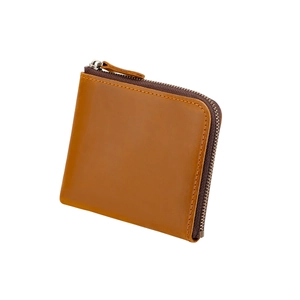 Minimalist caramel brown leather L-zip short wallet for coins and cards with metal zipper
