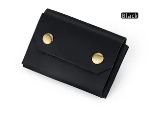 Detail of black pebbled leather business card holder with dual gold metal snap buttons