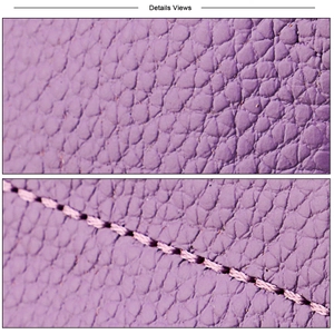 Dettaglio macro della texture in pelle viola e delle cuciture sulla mini borsa