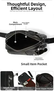 Detailed multi-pocket layout of black leather crossbody bag showing spacious compartments