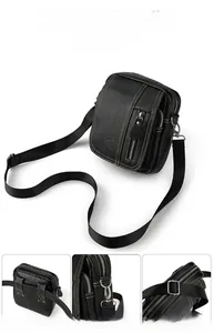 Detail of leather crossbody bag showing dual zippers and contrast stitching on black texture