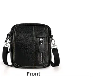 Detailed front view of black pebbled leather crossbody bag with yellow contrast stitching