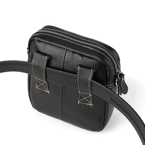 Men's black pebble leather waist bag with contrast stitching and double belt loops