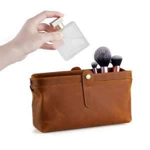 Vintage Genuine Leather Cosmetic Bag Retro Crazy Horse Leather Toiletry Bag Large Capacity Travel Makeup Clutch Organizer
