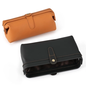 Retro genuine leather cosmetic bag with vintage metal clasp and contrast stitching