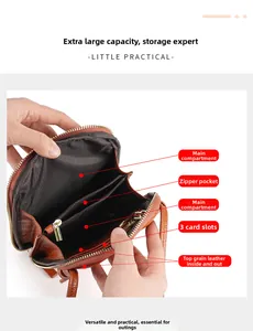 Internal layout of brown lychee grain leather mini bag with card slots and zip pocket