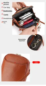 Detailed view of brown leather mini crossbody bag with multiple card slots and internal storage