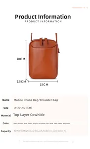 Detailed specs of genuine cowhide mini crossbody bag showing size and nine colors