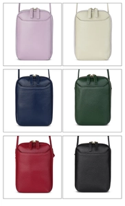 Detailed view of genuine lychee leather phone bags in six colors with gold zippers