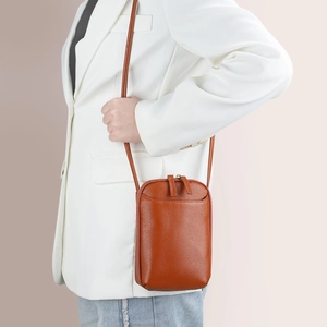 Genuine Leather Mobile Phone Crossbody Bag For Women Top Grain Cowhide Small Shoulder Bag Lychee Texture Vertical Pouch