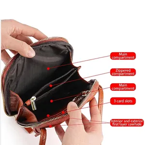 Brown genuine leather mini shoulder bag with multi-pocket internal structure and card slots