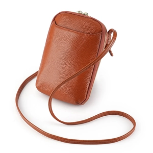 Minimalist caramel brown leather crossbody mobile phone bag with litchi texture