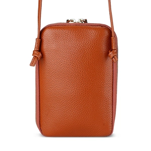 Minimalist orange lychee leather crossbody phone bag with silver zipper and knot strap